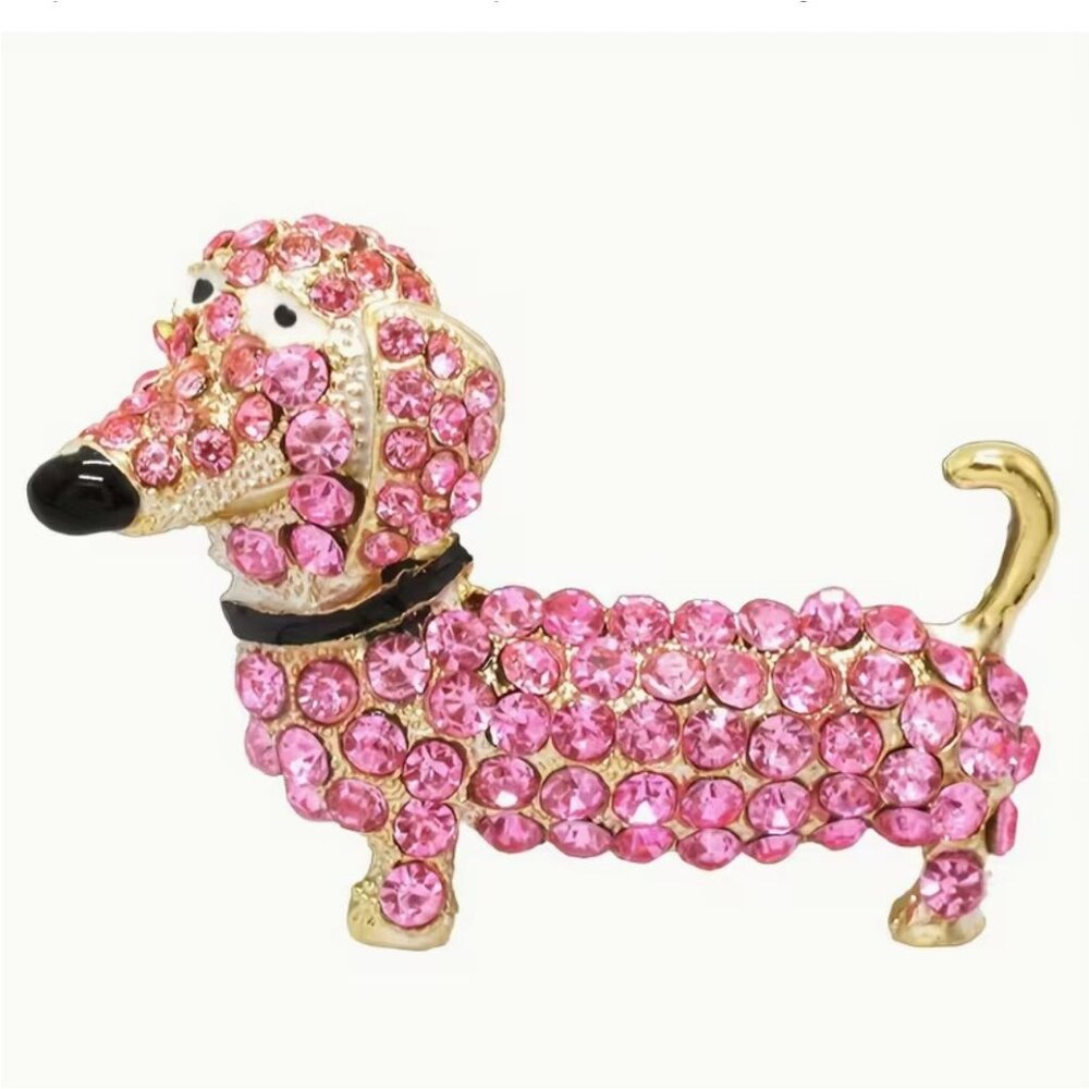 Betsey Johnson Pink Crystal Dog Brooch / Pendant Gold Tone - Picture 1 of 2